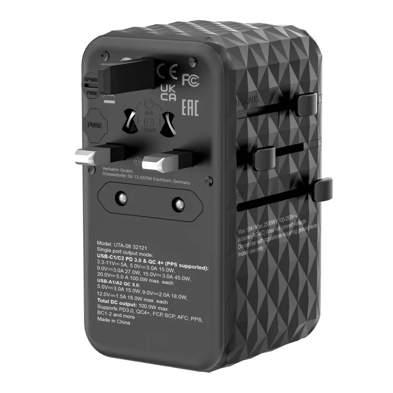 Verbatim UTA-06 100W GaN III universāls ceļojumu adapteris ar 2 x USB-C PD & QC 4+ un 2 x USB-A QC 3.0 portiem