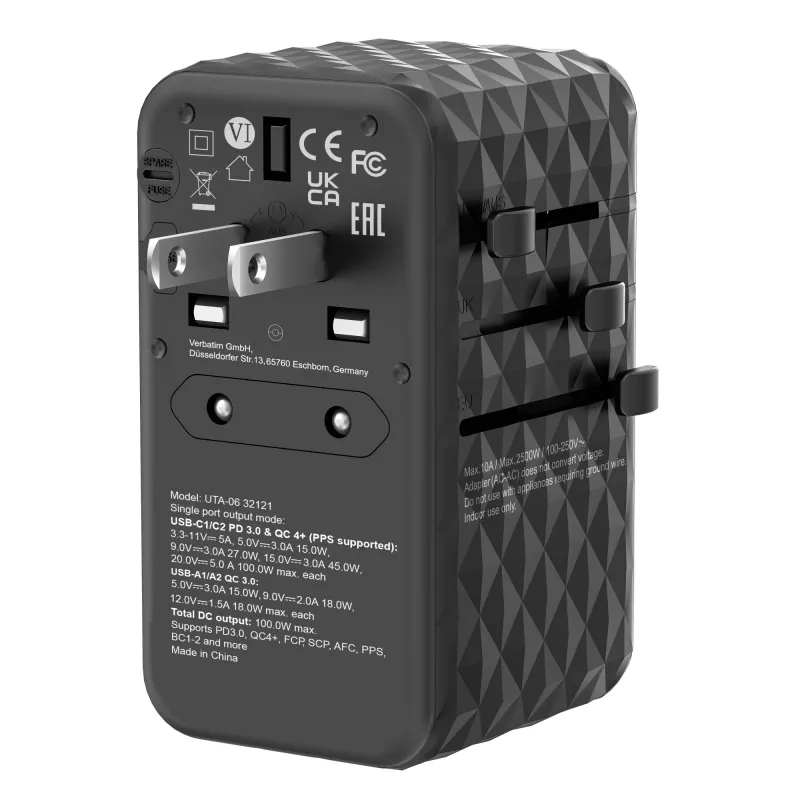 Verbatim UTA-06 100W GaN III universāls ceļojumu adapteris ar 2 x USB-C PD & QC 4+ un 2 x USB-A QC 3.0 portiem