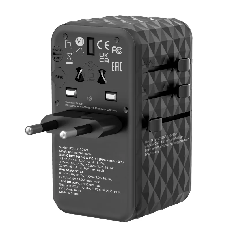 Verbatim UTA-06 100W GaN III universāls ceļojumu adapteris ar 2 x USB-C PD & QC 4+ un 2 x USB-A QC 3.0 portiem