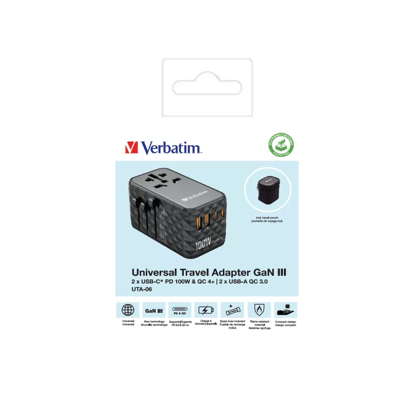 Verbatim UTA-06 100W GaN III universāls ceļojumu adapteris ar 2 x USB-C PD & QC 4+ un 2 x USB-A QC 3.0 portiem