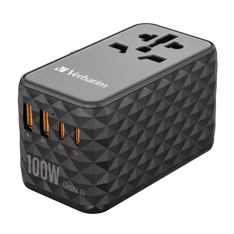 Verbatim UTA-06 100W GaN III universāls ceļojumu adapteris ar 2 x USB-C PD & QC 4+ un 2 x USB-A QC 3.0 portiem