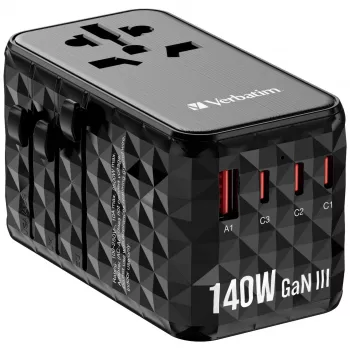 Verbatim UTA-10 140W GaN III universālais ceļojumu adapteris ar 2 x USB-C PD 3.1 un QC 4+, 1 x USB-C PD 3.0 un 1 x USB-A QC 3.0 pieslēgvietām