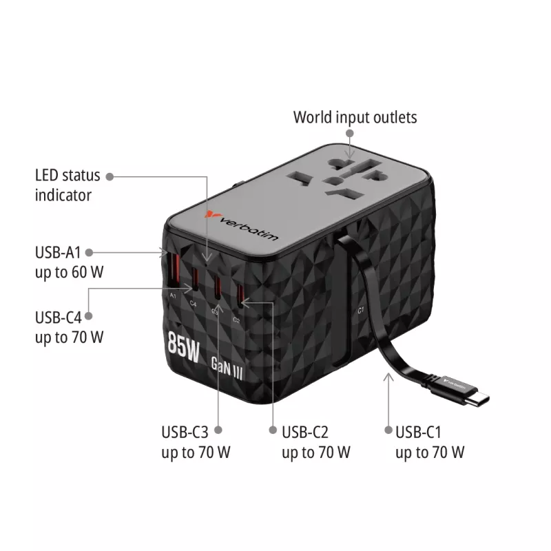Verbatim Charge 'n' Travel Diamond 85W Ievelkams Kabelis CNT-02