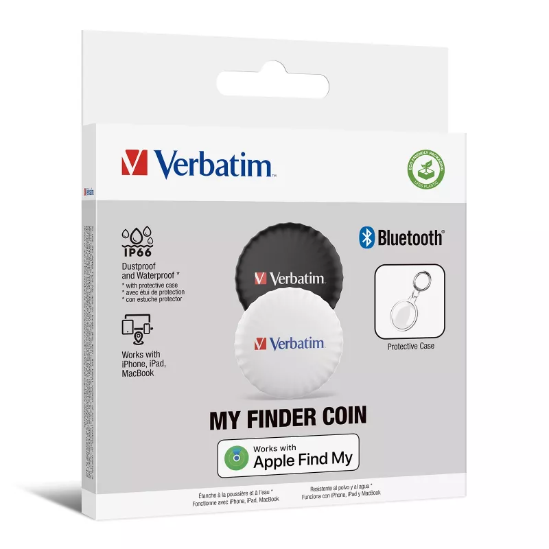 Verbatim My Finder Coin Bluetooth izsekotājs - 2 gab. iepakojumā, personiskai lietošanai, meklētājs, melns, balts, putekļu izturīgs, ūdensnecaurlaidīgs, IP66, CR2032