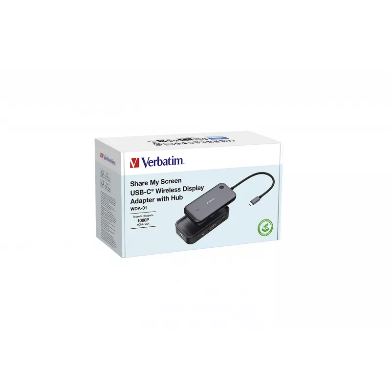 Verbatim Share My Screen 1080p USB-C bezvadu displeja adapteris ar centrmezglu WDA-01