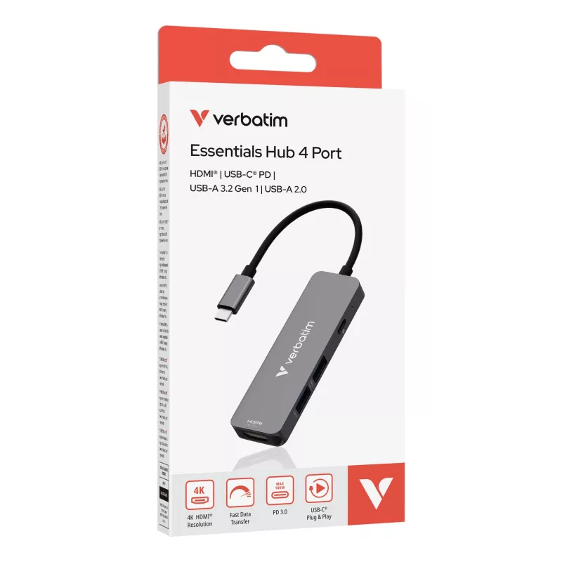 Verbatim USB-C Essentials Multiport Hub 4 pieslēgvietas: HDMI, USB-C PD, USB-A 3.2 Gen 1, USB-A