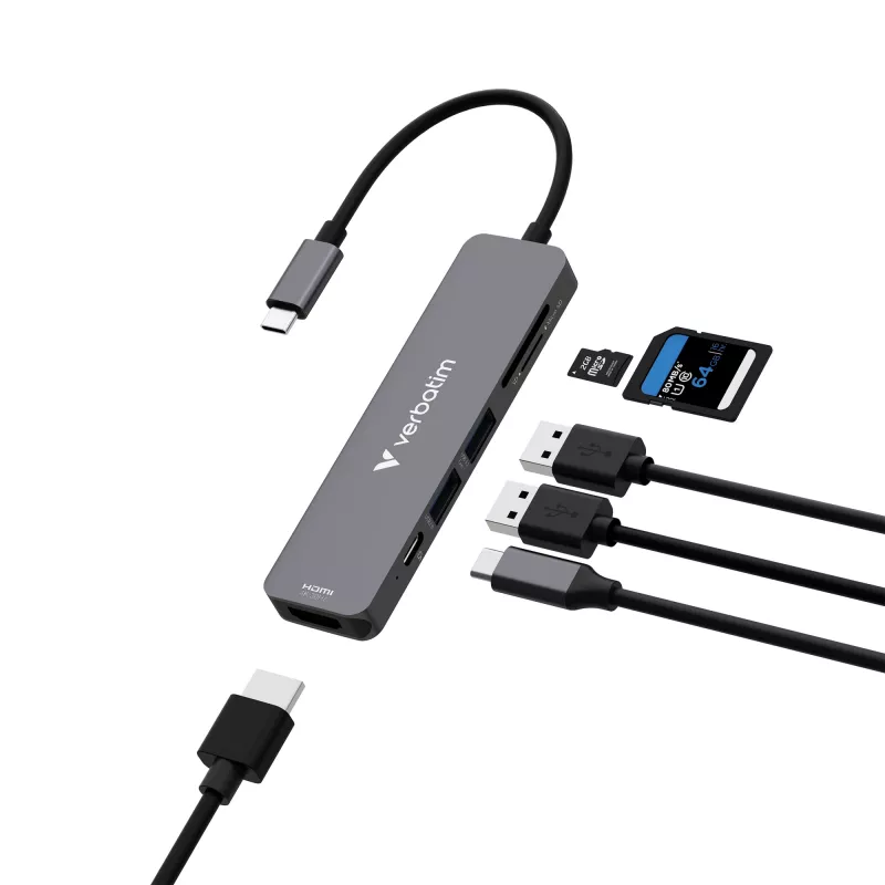 Verbatim USB-C Essentials Multiport Hub 6 porti: HDMI, USB-C PD, USB-A 3.2 Gen 1, USB-A, SD un microSD