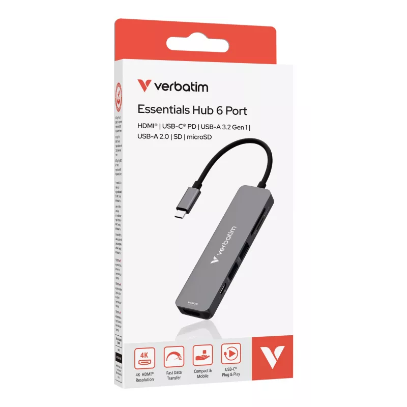 Verbatim USB-C Essentials Multiport Hub 6 porti: HDMI, USB-C PD, USB-A 3.2 Gen 1, USB-A, SD un microSD