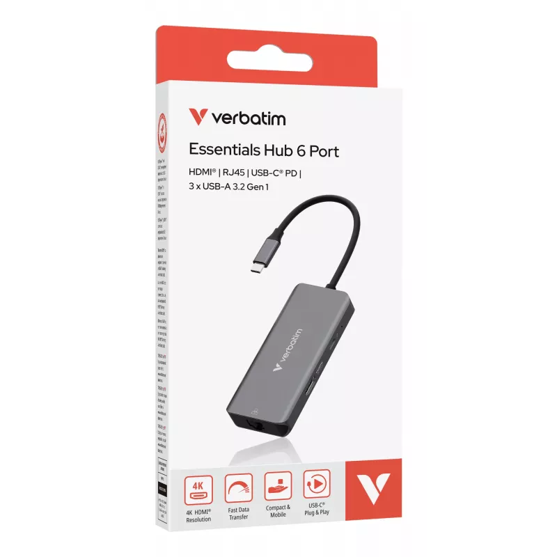 Verbatim USB-C Essentials Multiport Hub 6 porti: RJ45, HDMI, USB-C PD, 3 x USB-A 3.2 Gen 1