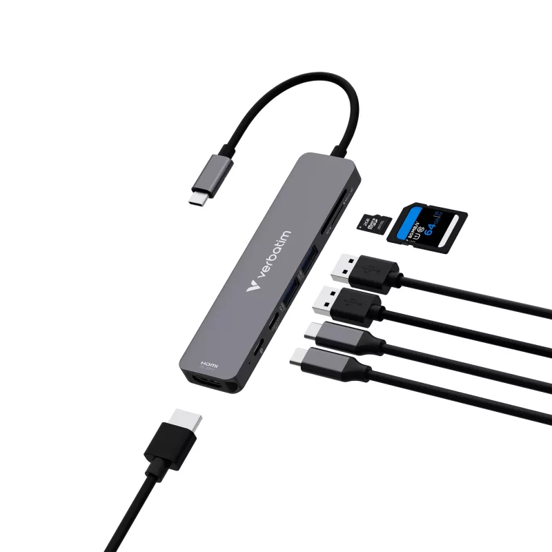 Verbatim USB-C Essentials Multiport Hub 7 pieslēgvietas: HDMI, USB-C, USB-C 3.2 Gen 1, 2 x USB-A 3.2 Gen 1, SD un microSD
