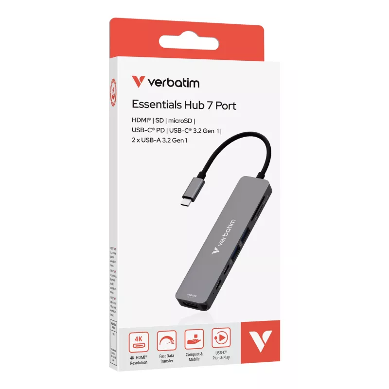 Verbatim USB-C Essentials Multiport Hub 7 pieslēgvietas: HDMI, USB-C, USB-C 3.2 Gen 1, 2 x USB-A 3.2 Gen 1, SD un microSD