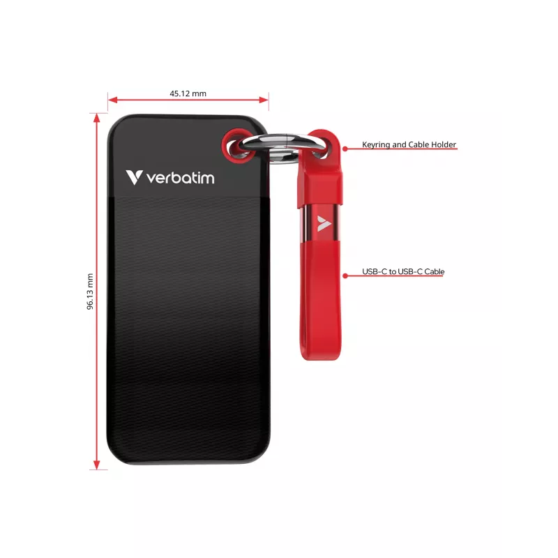 Verbatim Pocket SSD USB 3.2 Gen 2 1TB Melns/Red, 1 TB, USB Type-C, 3.2 Gen 2 (3.1 Gen 2), 1000 MB/s, 10 Gbit/s, Melns, Red