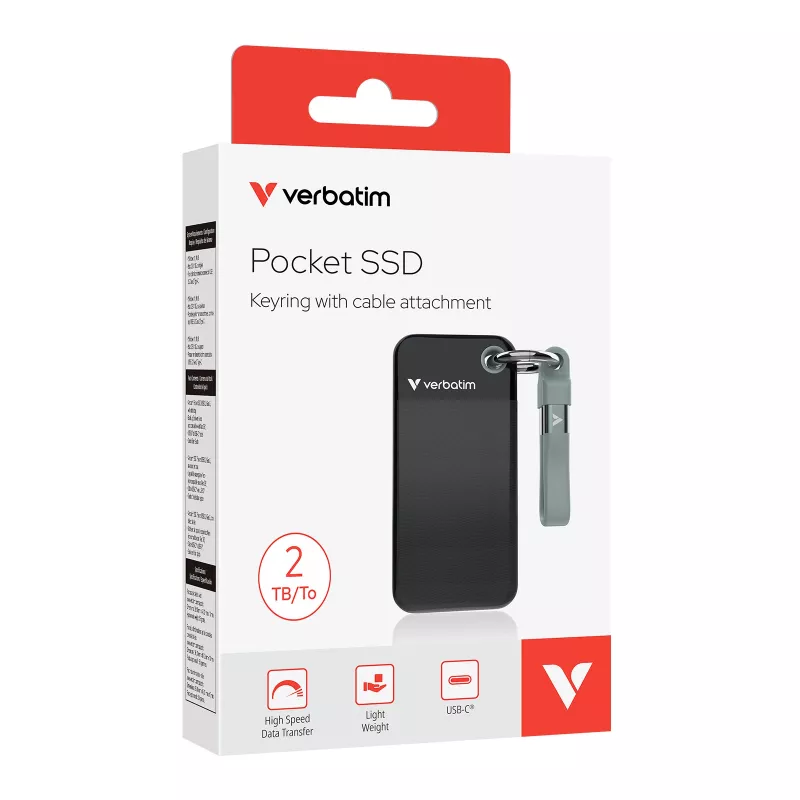 Verbatim Pocket SSD USB 3.2 Gen 2 2TB Melns/pelēka, 2 TB, USB Type-C, 3.2 Gen 2 (3.1 Gen 2), 1000 MB/s, 10 Gbit/s, Melns, pelēka