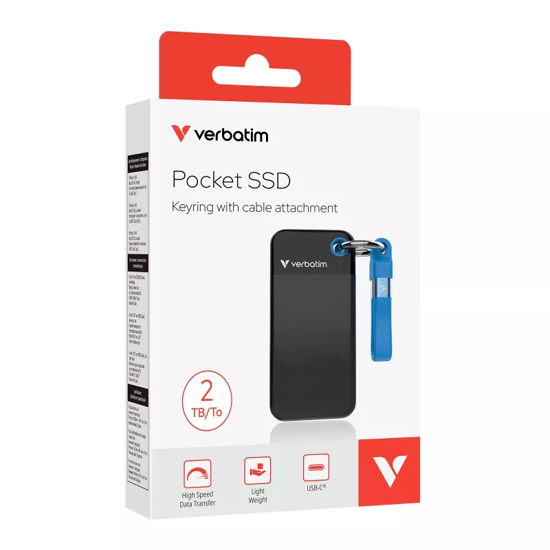 Verbatim Pocket SSD USB 3.2 Gen 2 2TB Melns/Blue, 2 TB, USB Type-C, 3.2 Gen 2 (3.1 Gen 2), 1000 MB/s, 10 Gbit/s, Melns, Blue