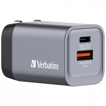 Verbatim GNC-35 GaN lādētājs 35 W ar 1 x USB-C PD 35 W / 1 x USB-A QC 3.0 (EU/UK/US)