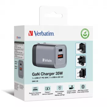 Verbatim GNC-35 GaN lādētājs 35 W ar 1 x USB-C PD 35 W / 1 x USB-A QC 3.0 (EU/UK/US)