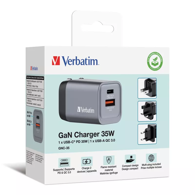 Verbatim GNC-35 GaN lādētājs 35 W ar 1 x USB-C PD 35 W / 1 x USB-A QC 3.0 (EU/UK/US)
