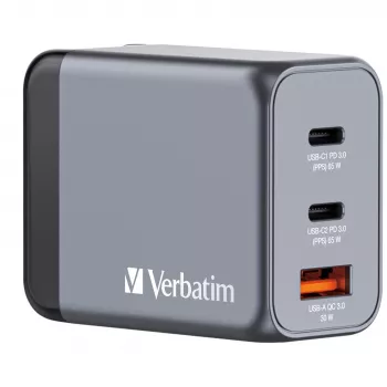 Verbatim GNC-65 GaN lādētājs 65W ar 2 x USB-C PD 65W / 1 x USB-A QC 3.0 (EU/UK/US)