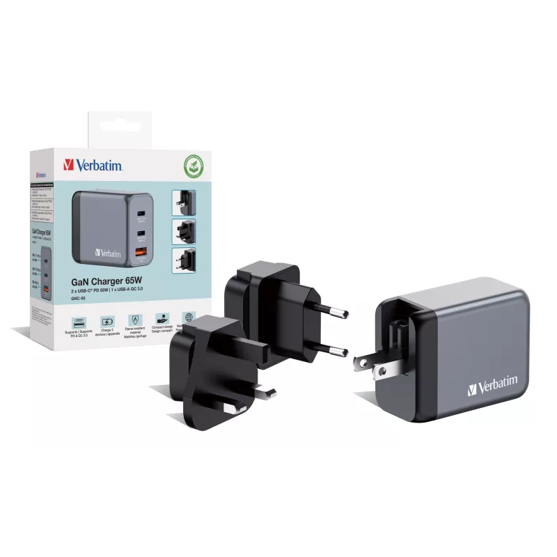 Verbatim GNC-65 GaN lādētājs 65W ar 2 x USB-C PD 65W / 1 x USB-A QC 3.0 (EU/UK/US)