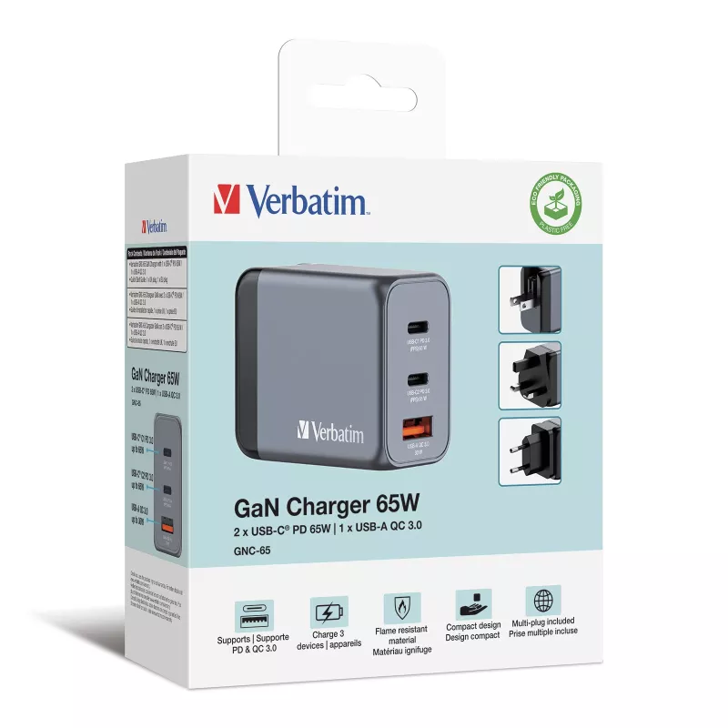 Verbatim GNC-65 GaN lādētājs 65W ar 2 x USB-C PD 65W / 1 x USB-A QC 3.0 (EU/UK/US)
