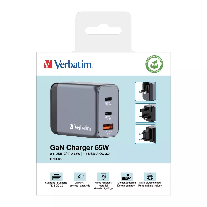 Verbatim GNC-65 GaN lādētājs 65W ar 2 x USB-C PD 65W / 1 x USB-A QC 3.0 (EU/UK/US)