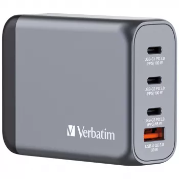 Verbatim GNC-100 GaN lādētājs 100 W ar 2 x USB-C PD 100 W / 1 x USB-C PD 65 W / 1 x USB-A QC 3.0 (ES/AK/ASV)