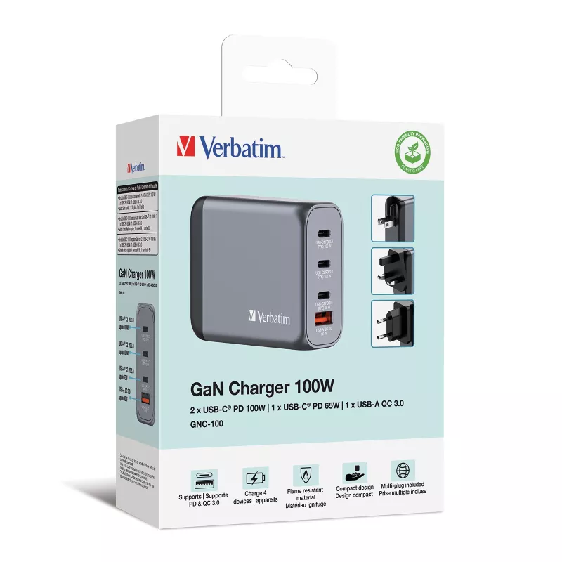 Verbatim GNC-100 GaN lādētājs 100 W ar 2 x USB-C PD 100 W / 1 x USB-C PD 65 W / 1 x USB-A QC 3.0 (ES/AK/ASV)