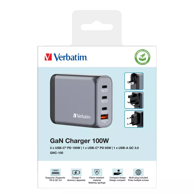 Verbatim GNC-100 GaN lādētājs 100 W ar 2 x USB-C PD 100 W / 1 x USB-C PD 65 W / 1 x USB-A QC 3.0 (ES/AK/ASV)
