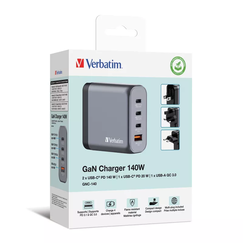 Verbatim GNC-140 GaN lādētājs 140W ar 2 x USB-C PD 140W / 1 x USB-C PD 20W / 1 x USB-A QC 3.0 (EU/UK/US)