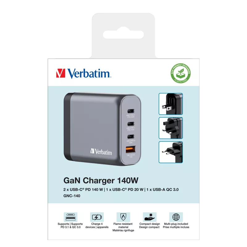 Verbatim GNC-140 GaN lādētājs 140W ar 2 x USB-C PD 140W / 1 x USB-C PD 20W / 1 x USB-A QC 3.0 (EU/UK/US)