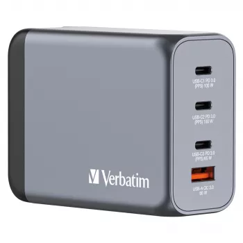 Verbatim GNC-200 GaN lādētājs 200 W ar 2 x USB-C PD 100 W / 1 x USB-C PD 65 W / 1 x USB QC 3.0 (EU/UK/US)