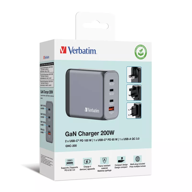 Verbatim GNC-200 GaN lādētājs 200 W ar 2 x USB-C PD 100 W / 1 x USB-C PD 65 W / 1 x USB QC 3.0 (EU/UK/US)
