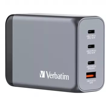 Verbatim GNC-240 GaN lādētājs 240W ar 1 x USB-C 140W / 1 x USB-C 100W / 1 x USB-C 65W / 1 x USB-A QC 3.0 (EU/UK/US)