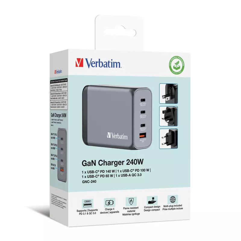 Verbatim GNC-240 GaN lādētājs 240W ar 1 x USB-C 140W / 1 x USB-C 100W / 1 x USB-C 65W / 1 x USB-A QC 3.0 (EU/UK/US)