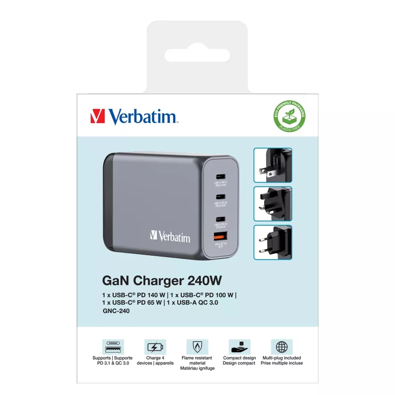 Verbatim GNC-240 GaN lādētājs 240W ar 1 x USB-C 140W / 1 x USB-C 100W / 1 x USB-C 65W / 1 x USB-A QC 3.0 (EU/UK/US)