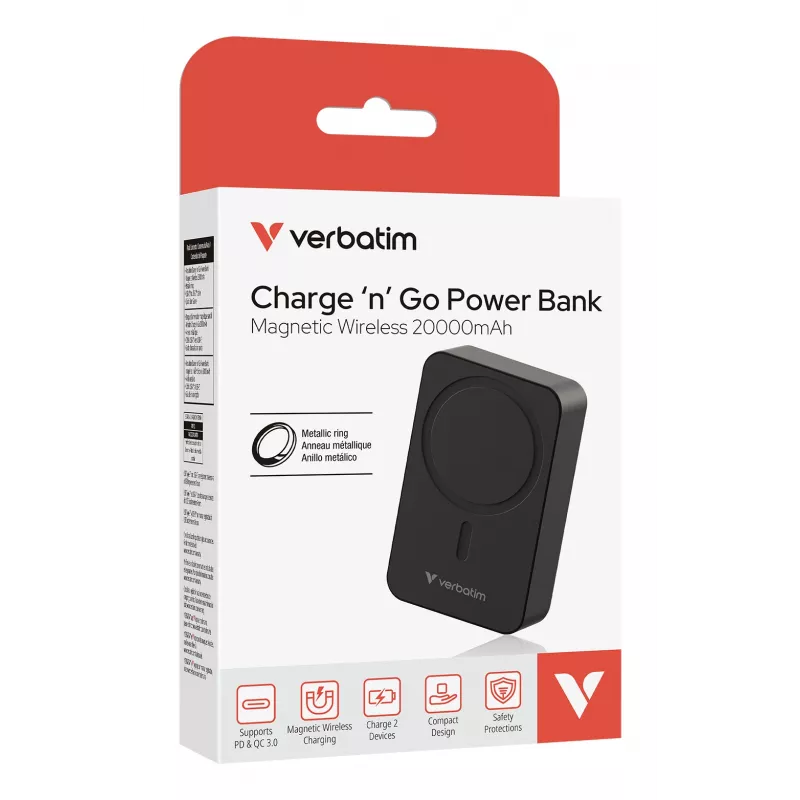 Verbatim Charge 'n' Go Essentials Power Bank Magnetic Wireless 20000 mAh Melns