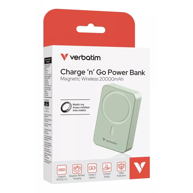 Verbatim Charge 'n' Go Essentials magnētiskais bezvadu ārējais akumulators 20000 mAh zaļš