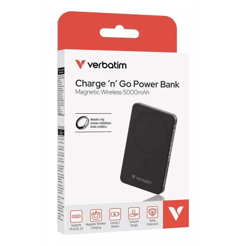 Verbatim Charge 'n' Go Essentials magnētiskais bezvadu ārējais akumulators 5000 mAh, melns