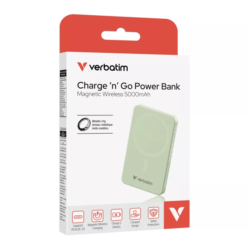 Verbatim Charge 'n' Go Essentials magnētiskais bezvadu ārējais akumulators 5000 mAh zaļš