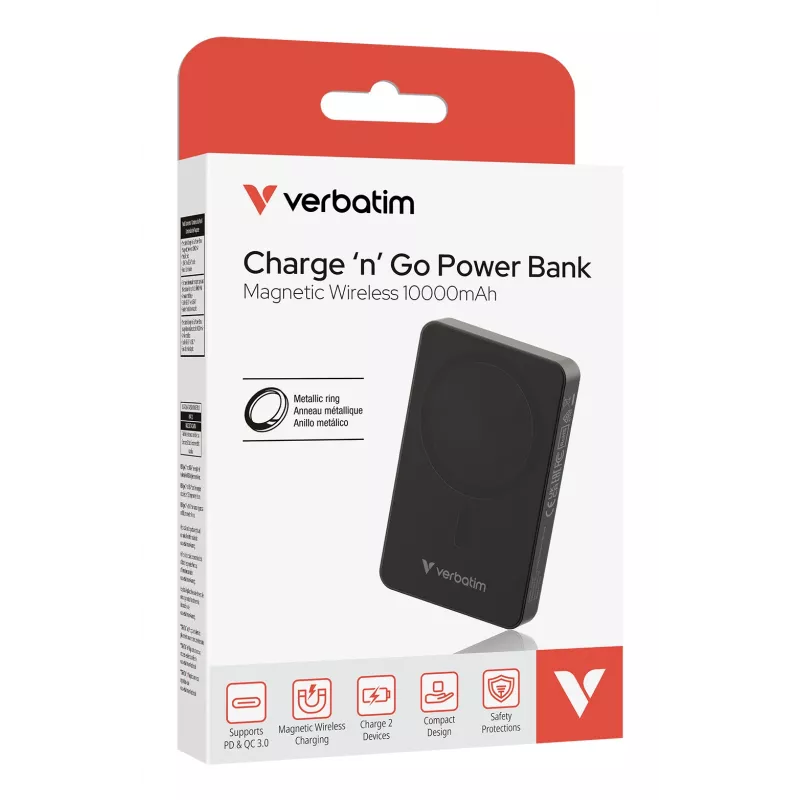 Verbatim Charge 'n' Go Essentials Magnetic Wireless Power Bank 10000 mAh Melns