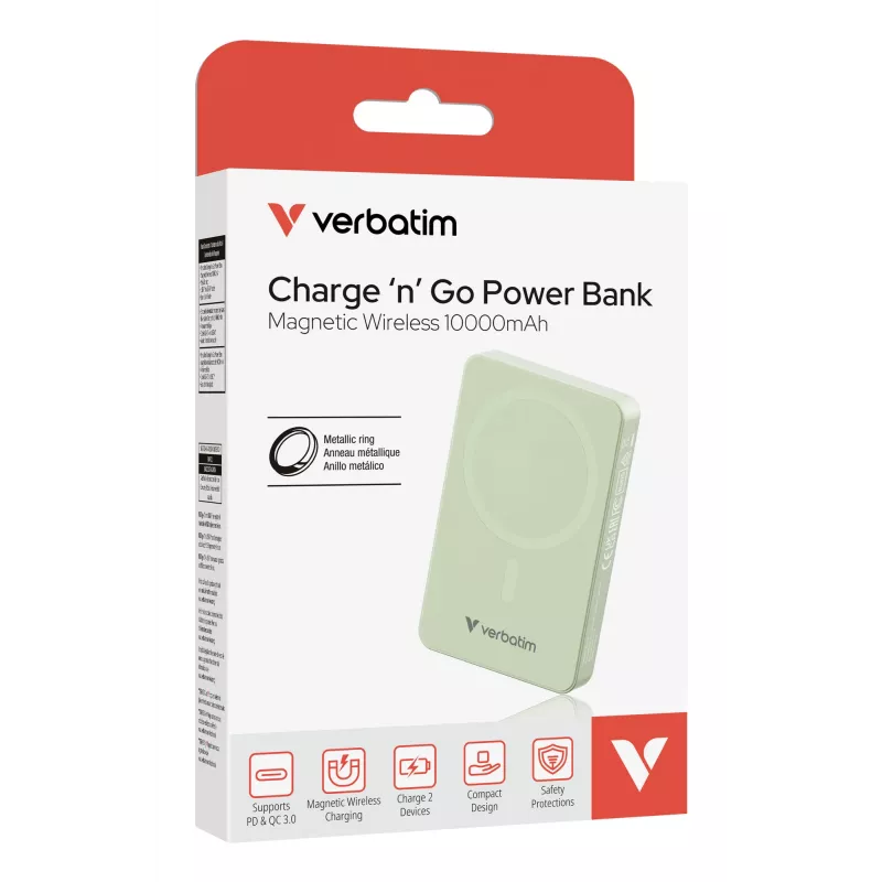 Verbatim Charge 'n' Go Essentials Magnetic Wireless Power Bank 10000 mAh zaļš