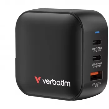Verbatim Mini GaN lādētājs 70W 3 porti ASV spraudnis ar ES un Lielbritānijas adapteriem