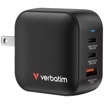 Verbatim Mini GaN lādētājs 70W 3 porti ASV spraudnis ar ES un Lielbritānijas adapteriem