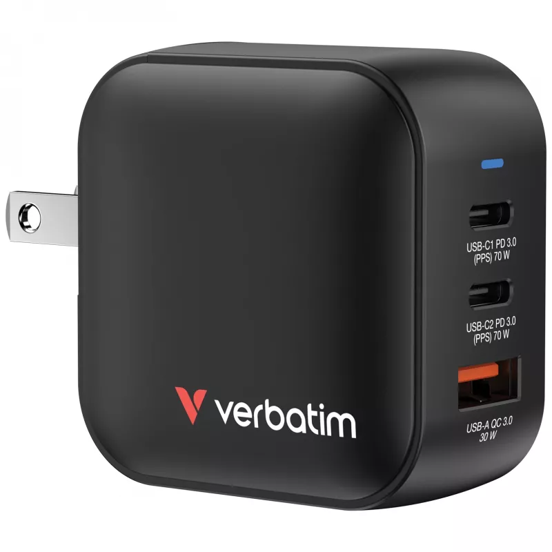 Verbatim Mini GaN lādētājs 70W 3 porti ASV spraudnis ar ES un Lielbritānijas adapteriem