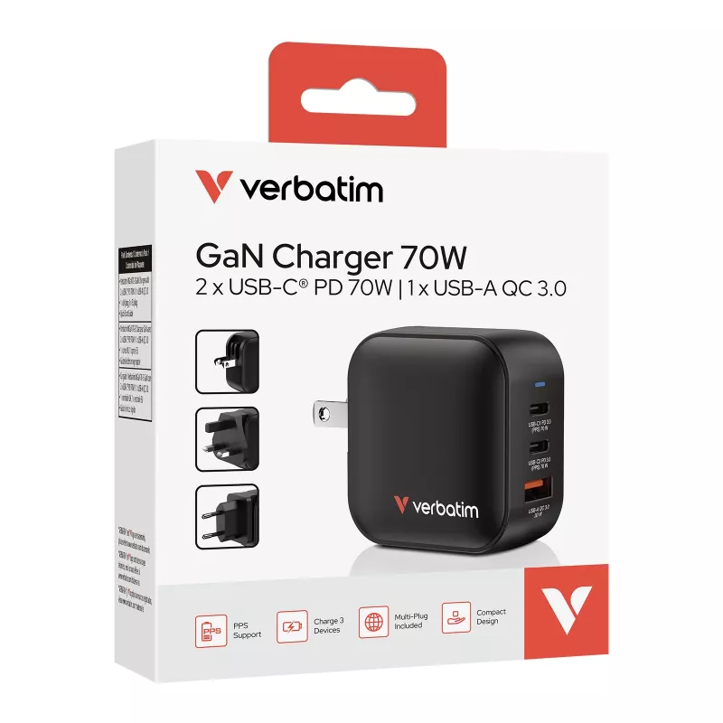 Verbatim Mini GaN lādētājs 70W 3 porti ASV spraudnis ar ES un Lielbritānijas adapteriem