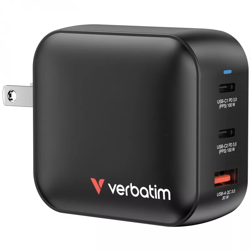Verbatim GaN lādētājs 100W, universāls, melns, maiņstrāva, ātra uzlāde, iekštelpām