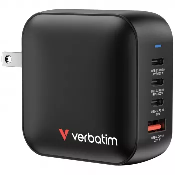 Verbatim Mini GaN lādētājs 100 W, 4 porti, ASV kontaktdakša ar ES un Lielbritānijas adapteriem