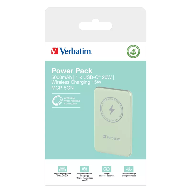 Verbatim Charge 'n' Go Magnetic Wireless Power Bank 5000mAh zaļš