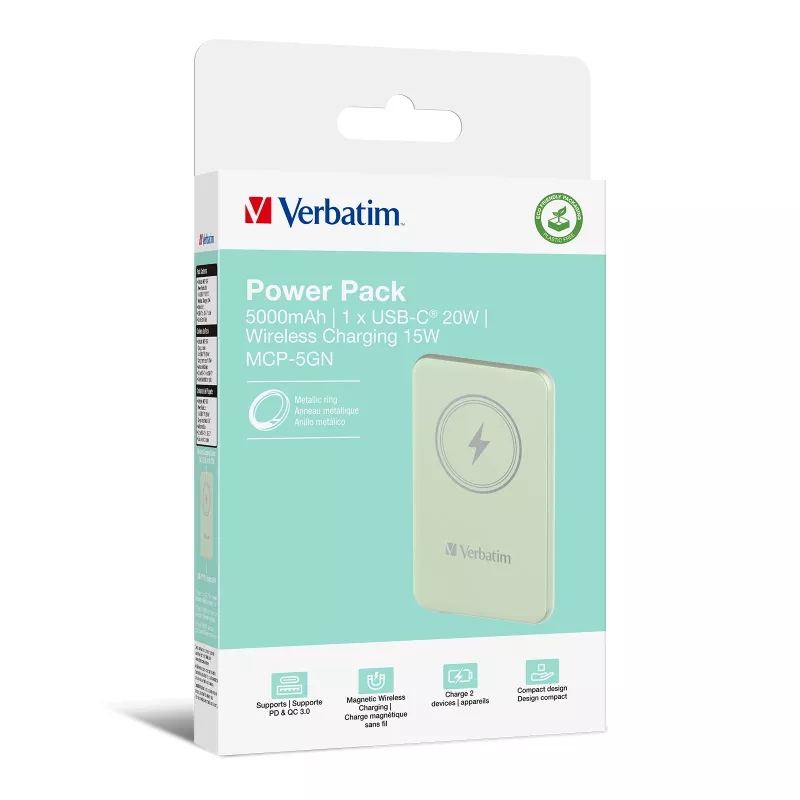 Verbatim Charge 'n' Go Magnetic Wireless Power Bank 5000mAh zaļš