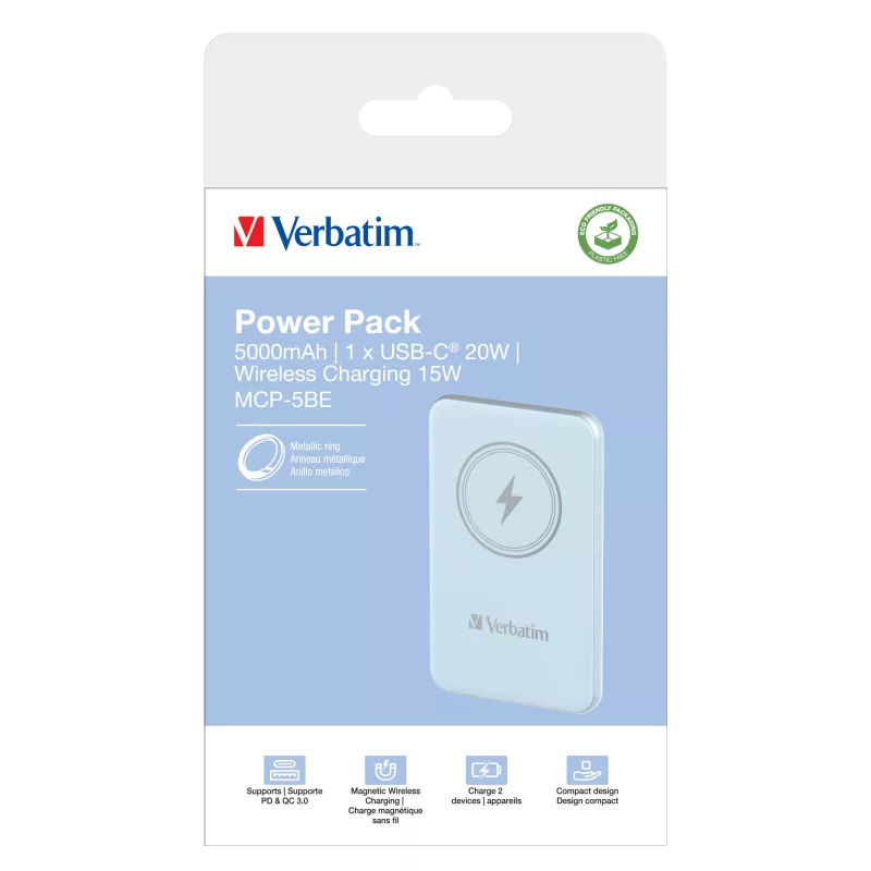 Verbatim Charge 'n' Go magnētiskā bezvadu ārējā akumulatora 5000 mAh zila